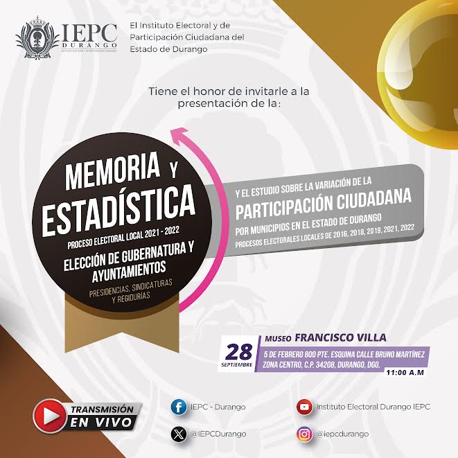 El IEPC Durango presentará la Memoria y Estadística del Proceso Electoral 2021-2022; y un Estudio de cinco procesos electorales