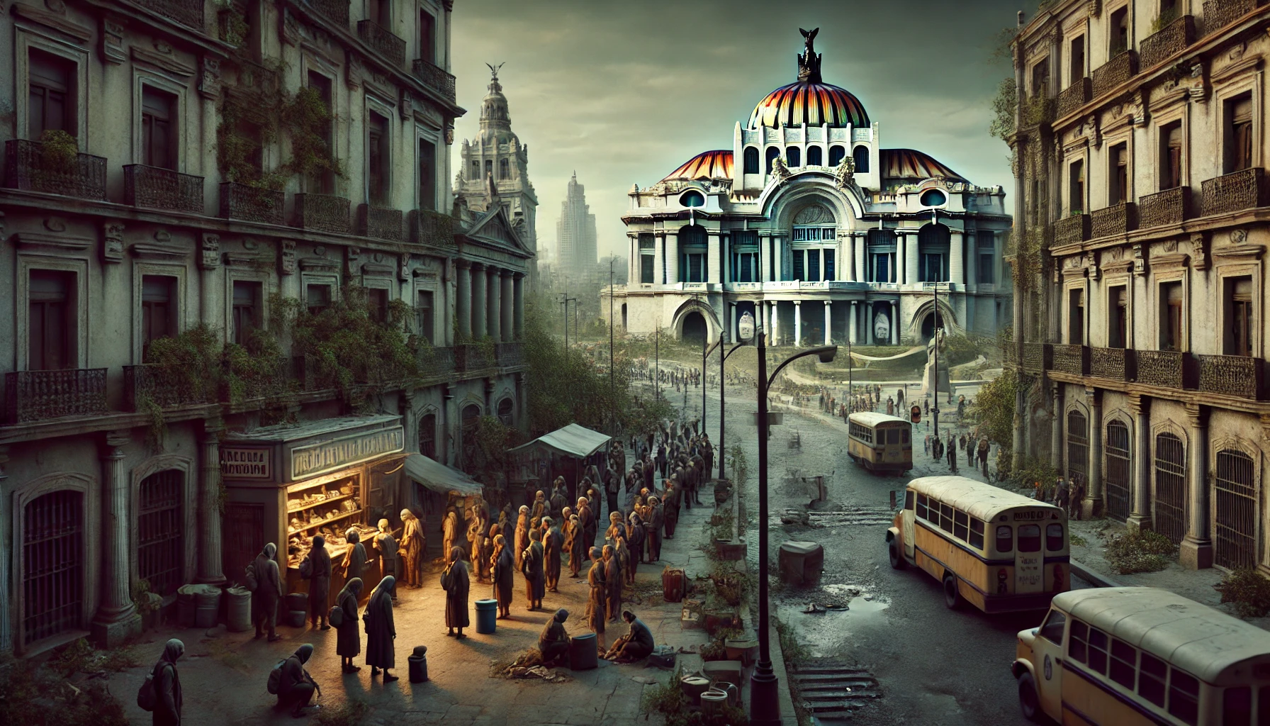 urban scene in Mexico depicting the collapse of essential government services due to excessive social pr