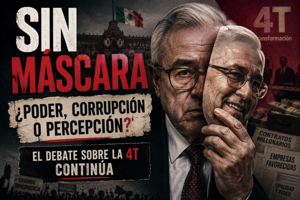 Un cartel político con textos como Sin máscara Poder, corrupción o percepción El debate sobre la 4T continúa