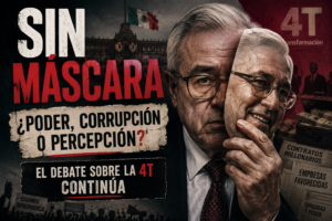 Un cartel político con textos como Sin máscara Poder, corrupción o percepción El debate sobre la 4T continúa