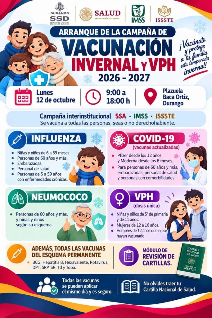 Hoy lunes inicia la campaña de vacunación invernal y contra el VPH en Durango